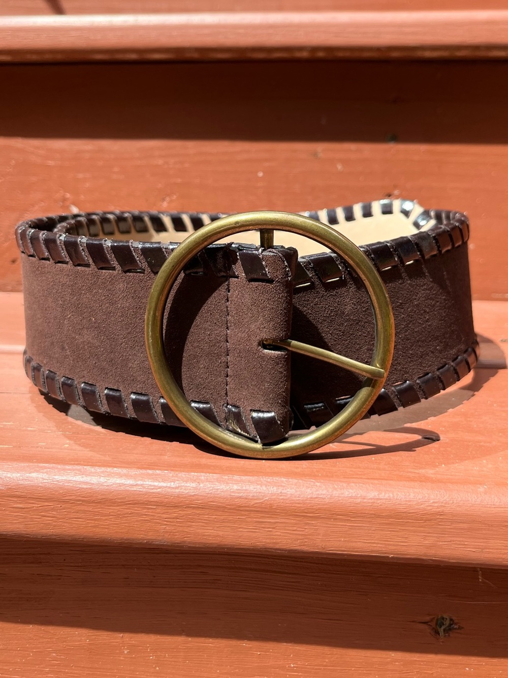 Nine West Genuine Leather Suede Chunky Brown Belt Gold Buckle Boho Festival Y2K